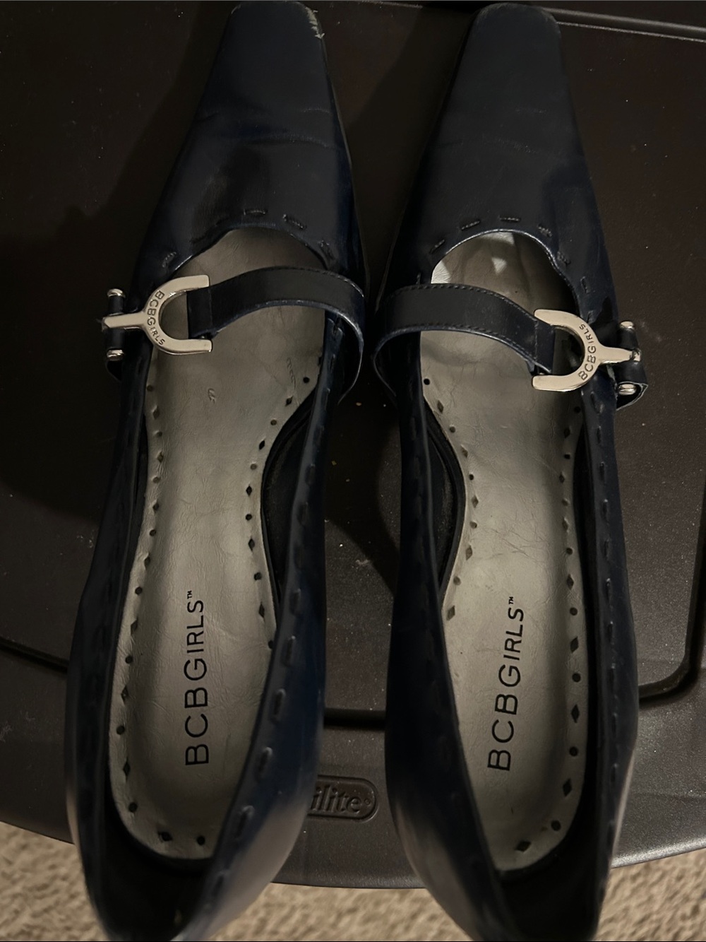 BCBGirls Navy Patent Leather Mary Jane Flats with Silver Buckle